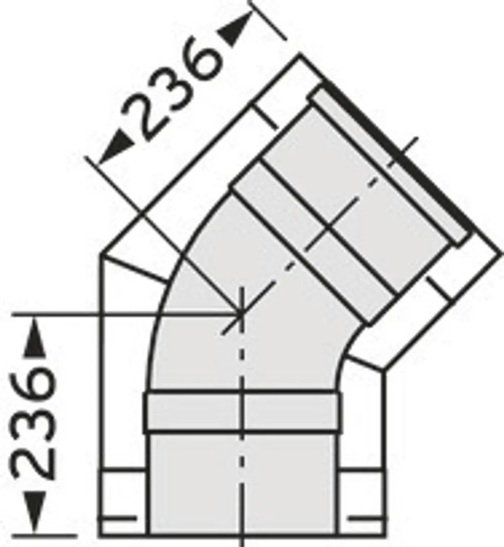 Edelstahlbogen mit 45 Grad Neigung, geeignet für Abgassysteme. Vaillant-Produkt für die Wandmontage, zeigt eine Rohrverbindung in einer schematischen Darstellung.